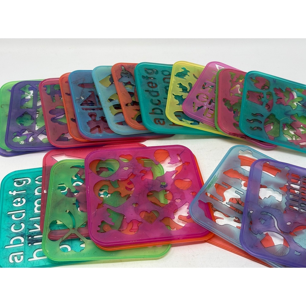 Vintage Tupperware Stencil Art Set Yellow Carrying Case 26 Colorful Stencils USA - Picture 2 of 7